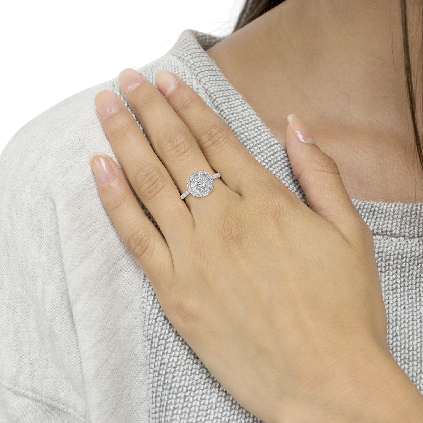 The Sunburst Cocktail Ring: 10K White Gold 1 CTW Baguette & Round Diamond Cluster