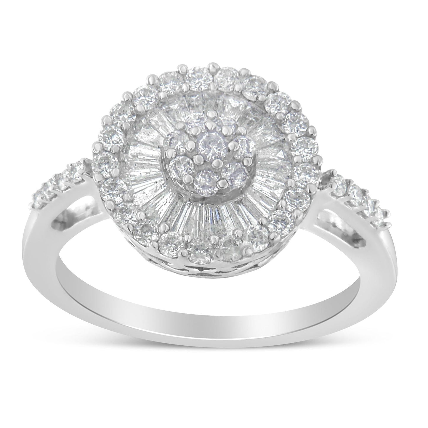 The Sunburst Cocktail Ring: 10K White Gold 1 CTW Baguette & Round Diamond Cluster