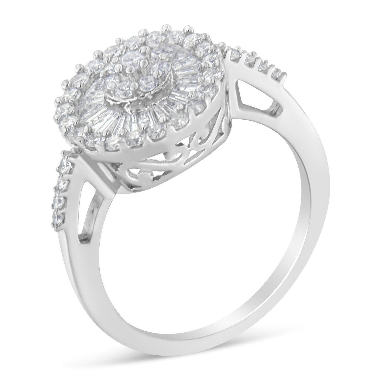 The Sunburst Cocktail Ring: 10K White Gold 1 CTW Baguette & Round Diamond Cluster