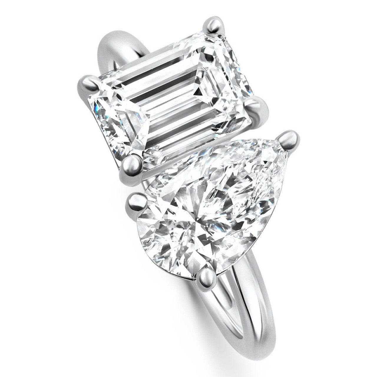 The Duet of Fire: 14K White Gold 3.50 CTW Pear & Emerald Toi Et Moi Ring